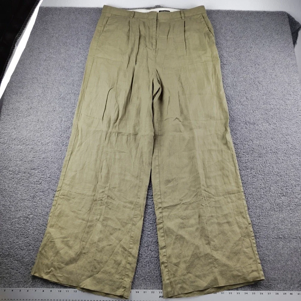 J.Crew Essential Wide Leg Pant 16T Olive Green 100% Linen Pleated High Rise Tall
